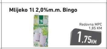 Mlijeko 1l 2,0%m.m. Bingo