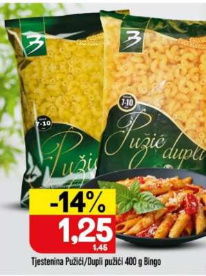 Tjestenina Pužići/Dupli pužići 400 g Bingo