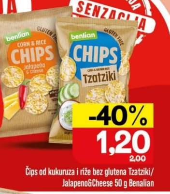 Čips od kukuruza i riže bez glutena Tzatziki/Jalapeno&Cheese 50 g Benlian