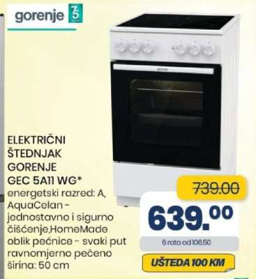 ELEKTRIČNI ŠTEDNJAK GORENJE GEC 5A11 WG*