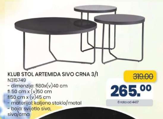 KLUB STOL ARTEMIDA SIVO CRNA 3/1