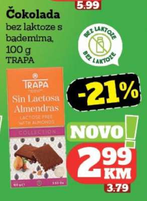 Čokolada bez laktoze s bademima, 100 g TRAPA