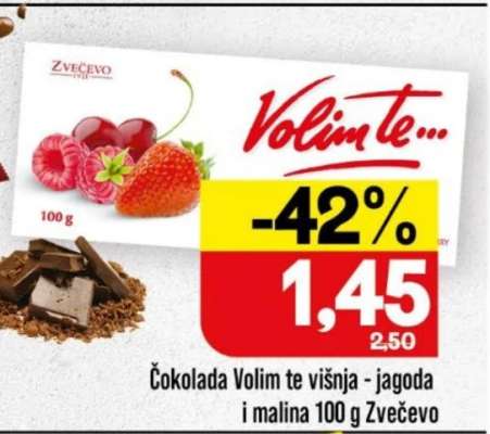 Čokolada Volim te višnja - jagoda i malina 100 g Zvečevo