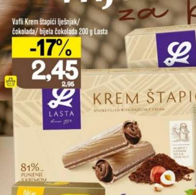 Vafli Krem štapići lješnjak/čokolada/bijela čokolada 200 g Lasta