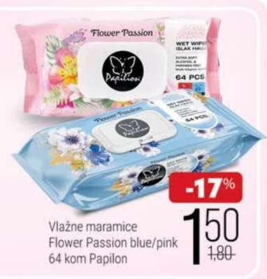 Vlažne maramice Flower Passion blue/pink 64 kom Papilon