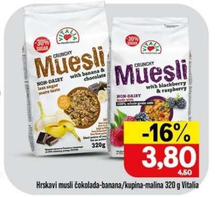 Hrskavi musli čokolada-banana/kupina-malina 320 g Vitalia
