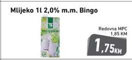 Mlijeko 1l 2,0%m.m. Bingo