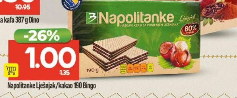 Napolitanke Lješnjak/kakao 190 g Bingo