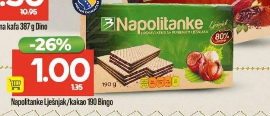 Napolitanke Lješnjak/kakao 190 g Bingo