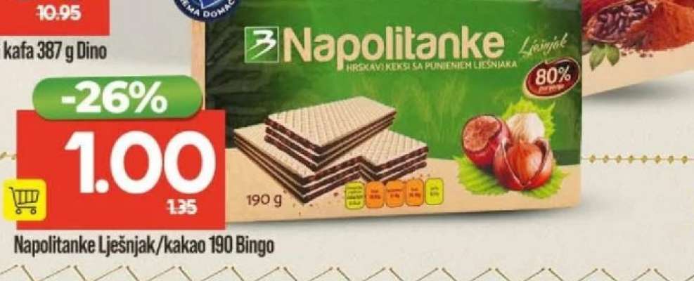 Napolitanke Lješnjak/kakao 190 Bingo