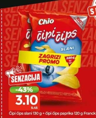 Čipi čips slani 130 g + čipi čips paprika 120 g Franck