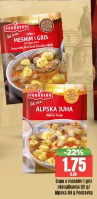 Supa s mesnim i griz okruglicama 52 g / Alpska 64 g Podravka