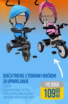 Dječji tricikl s tendom i ručkom za upravljanje