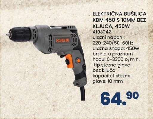 ELEKTRIČNA BUŠILICA KBM 450 S 10MM BEZ KLJUČA, 450W