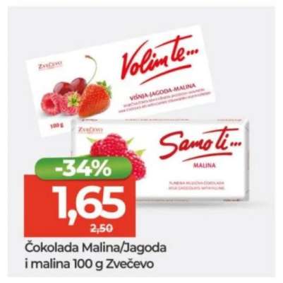 Čokolada Malina/Jagoda i malina 100 g Zvečevo