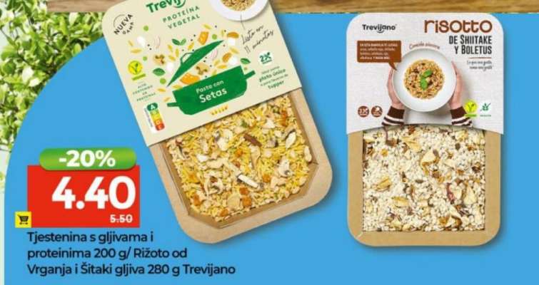 Tjestenina s gljivama i proteinima 200 g / Rižoto od Vrganja i Šitaki gljiva 280 g Trevijano