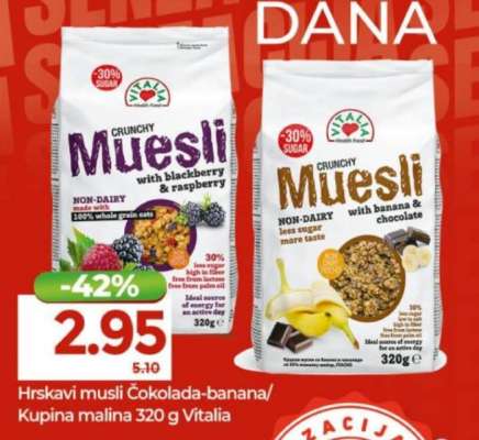 Hrskavi musli čokolada-banana/kupina-malina 320 g Vitalia