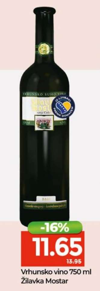 Vrhunsko vino 750 ml Žilavka Mostar