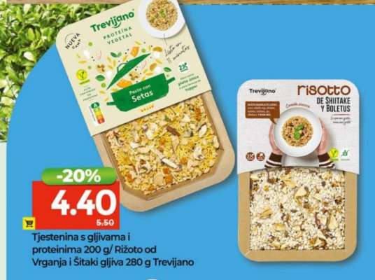 Tjestenina s gljivama i proteinima 200 g / Rižoto od Vrganja i Šitaki gljiva 280 g Trevijano