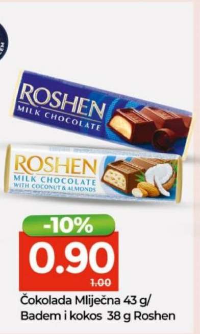 Čokolada Mliječna 43 g/ Badem i kokos 38 g Roshen