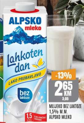 MLIJEKO BEZ LAKTOZE 1,5% M.M. ALPSKO MLEKO
