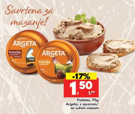 Pašteta, 95g Argeta, s ajvarom/sa suhim mesom