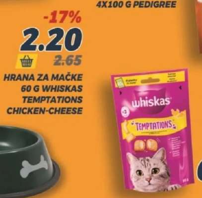 HRANA ZA MAČKE 60 G WHISKAS TEMPTATIONS CHICKEN-CHEESE