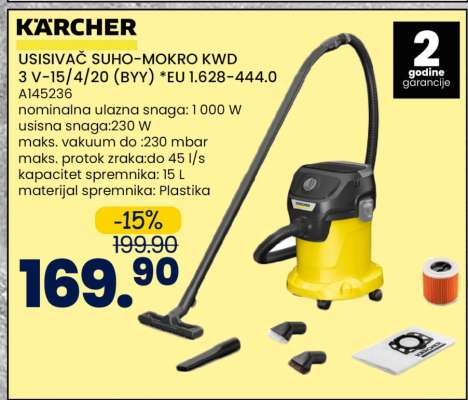 KÄRCHER USISIVAČ SUHO–MOKRO KWD 3 V–15/4/20 (BYY) *EU 1.628-444.0 A145236
