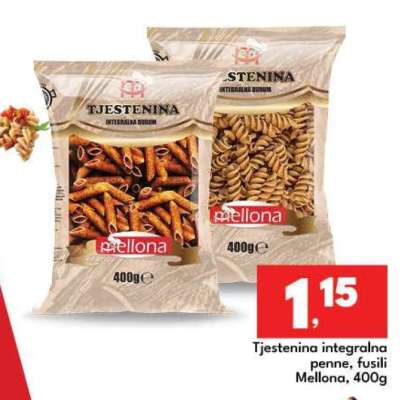 Tjestenina integralna penne, fusili Mellona, 400g