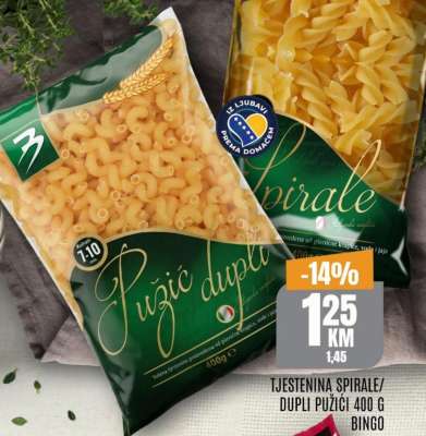 TJESTENINA SPIRALE/ DUPLI PUŽIĆ 400 G BINGO