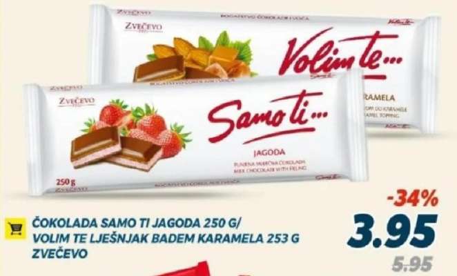 Čokolada Samo Ti Jagoda 250 g / Volim Te Lješnjak Badem Karamela 253 g Zvečevo