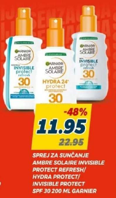 SPREJ ZA SUNČANJE AMBRE SOLAIRE INVISIBLE PROTECT REFRESH/ HYDRA PROTECT/ INVISIBLE PROTECT SPF 30 200 ML GARNIER