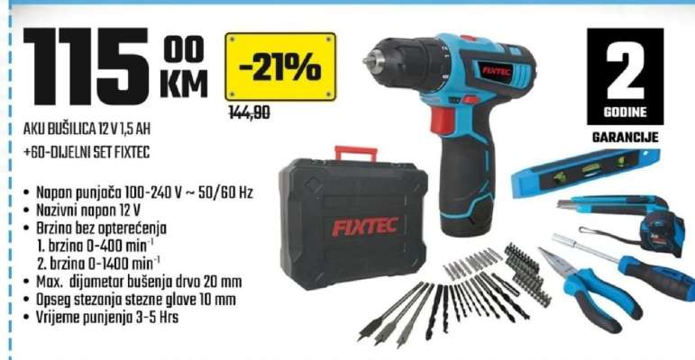 AKU BUŠILICA 12 V 1,5 AH +60-DIJELNI SET FIXTEC