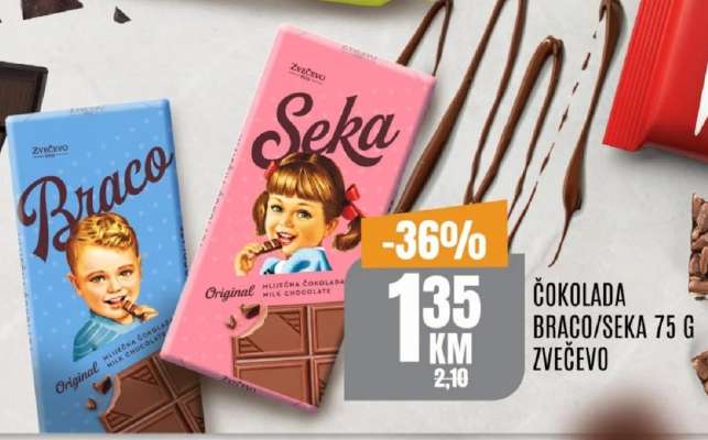 Čokolada Braco/Seka 75 g Zvečevo