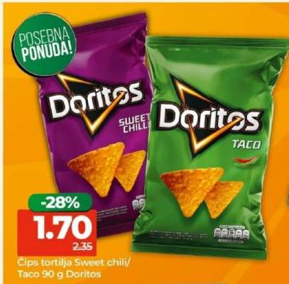 Čips tortilja Sweet chili/Taco 90 g Doritos