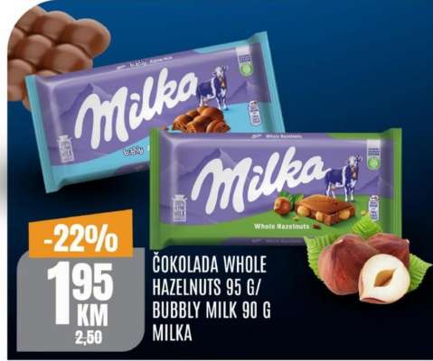 Čokolada Whole Hazelnuts 95 g / Bubbly Milk 90 g Milka