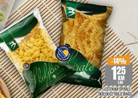 TJESTENINA SPIRALE/ŠKOLJKICE 400 G BINGO