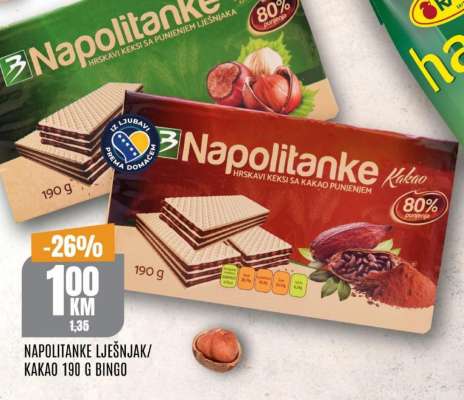 Napolitanke Lješnjak/kakao 190 g Bingo