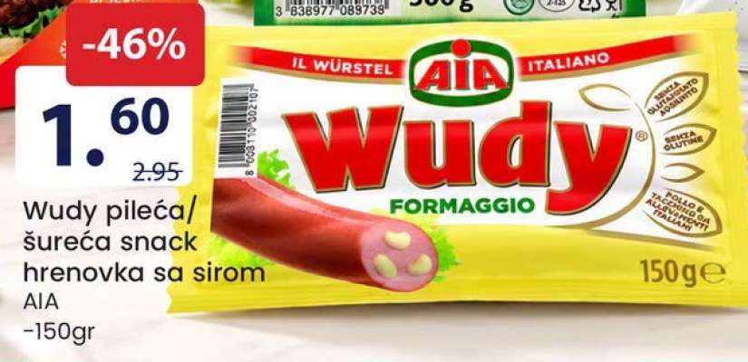 Wudy pileća/šureća snack hrenovka sa sirom
