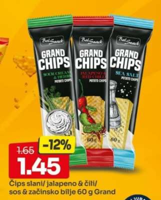 Čips slani/ jalapeno & čili/ sos & začinsko bilje 60 g Grand