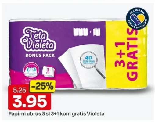 Papirni ubrus 3 sl 3+1 kom gratis Violeta